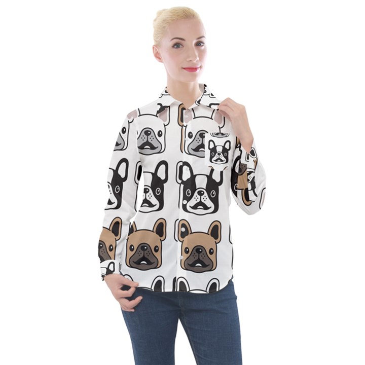 Dog French Bulldog Seamless Pattern Face Head Women s Long Sleeve Pocket Shirt