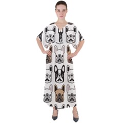 Dog French Bulldog Seamless Pattern Face Head V-neck Boho Style Maxi Dress by Pakemis