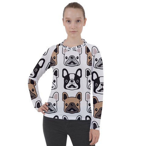 Dog French Bulldog Seamless Pattern Face Head Women s Pique Long Sleeve Tee by Pakemis