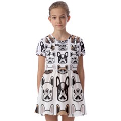 Dog French Bulldog Seamless Pattern Face Head Kids  Short Sleeve Pinafore Style Dress