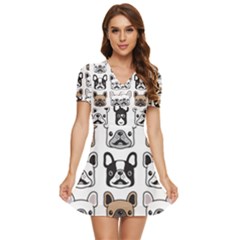 Dog French Bulldog Seamless Pattern Face Head V-neck High Waist Chiffon Mini Dress