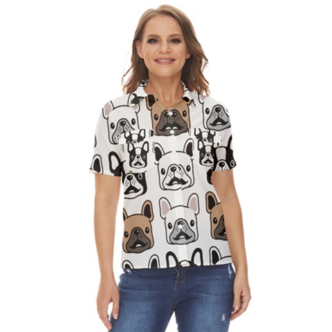 Dog French Bulldog Seamless Pattern Face Head Women s Short Sleeve Double Pocket Shirt by Pakemis