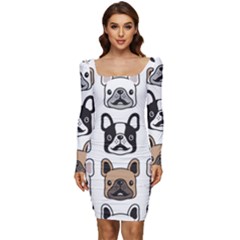 Dog French Bulldog Seamless Pattern Face Head Women Long Sleeve Ruched Stretch Jersey Dress by Pakemis