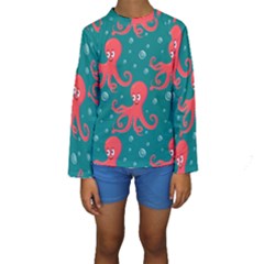 Cute Smiling Red Octopus Swimming Underwater Kids  Long Sleeve Swimwear by Pakemis