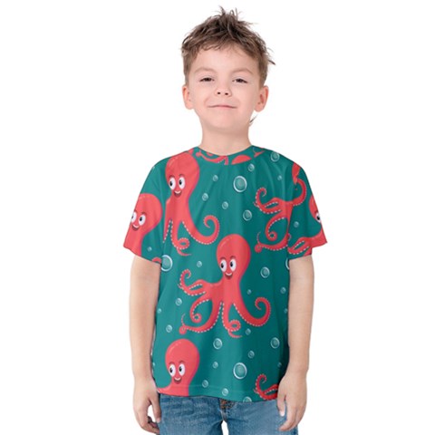 Cute Smiling Red Octopus Swimming Underwater Kids  Cotton Tee by Pakemis