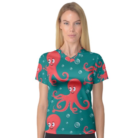 Cute Smiling Red Octopus Swimming Underwater V-neck Sport Mesh Tee by Pakemis