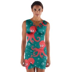 Cute Smiling Red Octopus Swimming Underwater Wrap Front Bodycon Dress by Pakemis