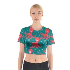 Cute Smiling Red Octopus Swimming Underwater Cotton Crop Top by Pakemis