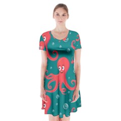 Cute Smiling Red Octopus Swimming Underwater Short Sleeve V-neck Flare Dress by Pakemis