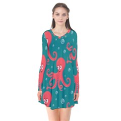 Cute Smiling Red Octopus Swimming Underwater Long Sleeve V-neck Flare Dress by Pakemis