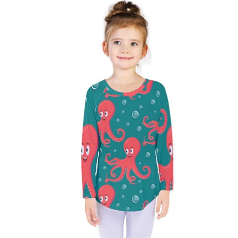 Cute Smiling Red Octopus Swimming Underwater Kids  Long Sleeve Tee by Pakemis