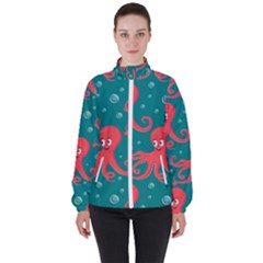 Cute Smiling Red Octopus Swimming Underwater Women s High Neck Windbreaker by Pakemis