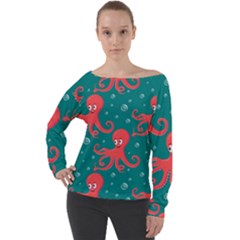 Cute Smiling Red Octopus Swimming Underwater Off Shoulder Long Sleeve Velour Top by Pakemis