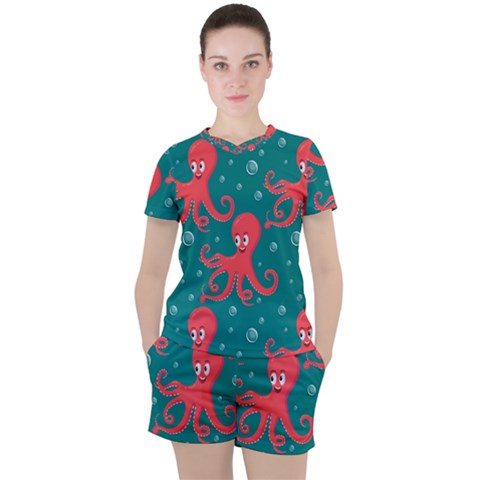 Cute Smiling Red Octopus Swimming Underwater Women s Tee And Shorts Set by Pakemis