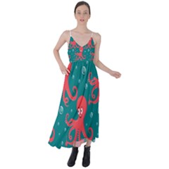 Cute Smiling Red Octopus Swimming Underwater Tie Back Maxi Dress by Pakemis