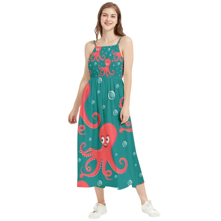 Cute Smiling Red Octopus Swimming Underwater Boho Sleeveless Summer Dress