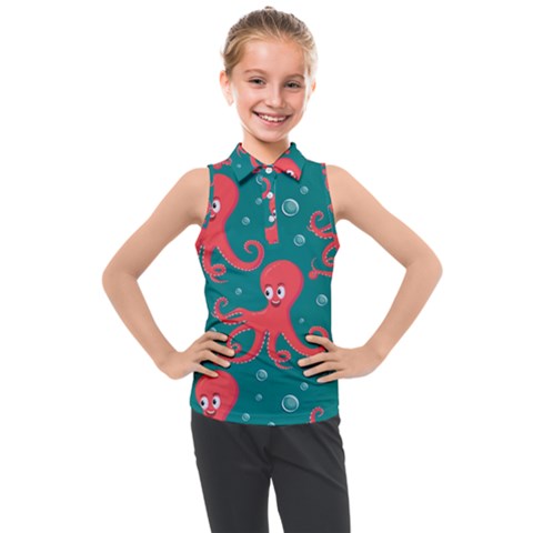 Cute Smiling Red Octopus Swimming Underwater Kids  Sleeveless Polo Tee by Pakemis