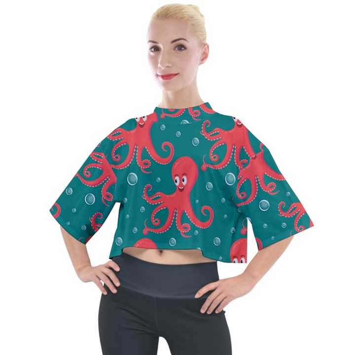 Cute Smiling Red Octopus Swimming Underwater Mock Neck Tee