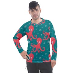 Cute Smiling Red Octopus Swimming Underwater Men s Pique Long Sleeve Tee