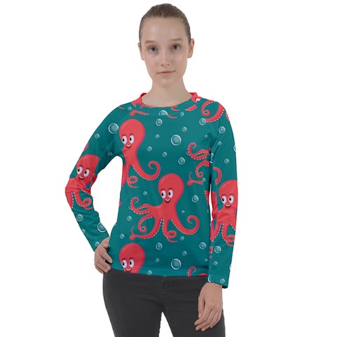 Cute Smiling Red Octopus Swimming Underwater Women s Long Sleeve Raglan Tee by Pakemis