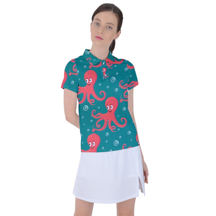 Cute Smiling Red Octopus Swimming Underwater Women s Polo Tee