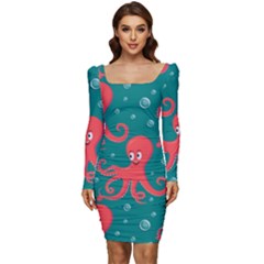 Cute Smiling Red Octopus Swimming Underwater Women Long Sleeve Ruched Stretch Jersey Dress