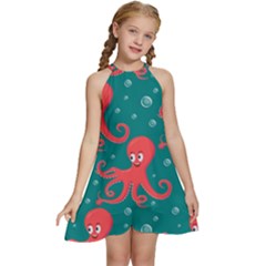 Cute Smiling Red Octopus Swimming Underwater Kids  Halter Collar Waist Tie Chiffon Dress by Pakemis