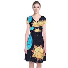 Seamless Pattern With Sun Moon Children Short Sleeve Front Wrap Dress by Pakemis