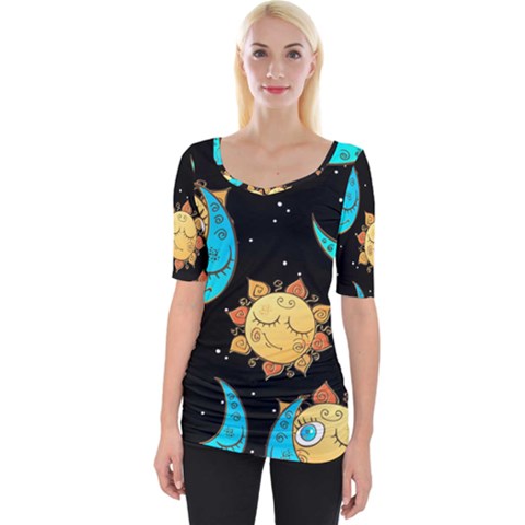 Seamless Pattern With Sun Moon Children Wide Neckline Tee by Pakemis