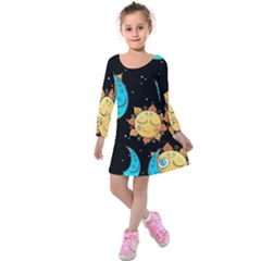 Seamless Pattern With Sun Moon Children Kids  Long Sleeve Velvet Dress