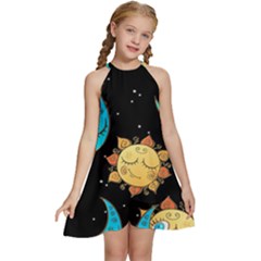 Seamless Pattern With Sun Moon Children Kids  Halter Collar Waist Tie Chiffon Dress