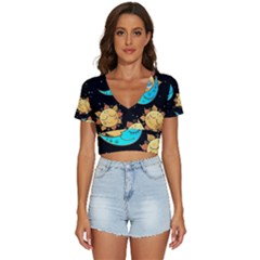 Seamless Pattern With Sun Moon Children V-neck Crop Top by Pakemis