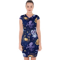 Marine Seamless Pattern Thin Line Memphis Style Capsleeve Drawstring Dress 