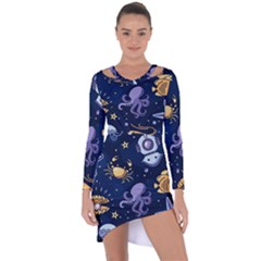 Marine Seamless Pattern Thin Line Memphis Style Asymmetric Cut-out Shift Dress