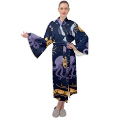 Marine Seamless Pattern Thin Line Memphis Style Maxi Velour Kimono by Pakemis