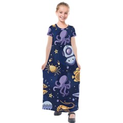 Marine Seamless Pattern Thin Line Memphis Style Kids  Short Sleeve Maxi Dress by Pakemis