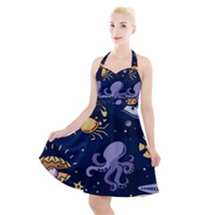 Marine Seamless Pattern Thin Line Memphis Style Halter Party Swing Dress  by Pakemis