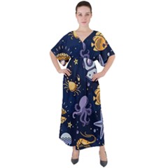 Marine Seamless Pattern Thin Line Memphis Style V-neck Boho Style Maxi Dress