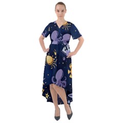 Marine Seamless Pattern Thin Line Memphis Style Front Wrap High Low Dress