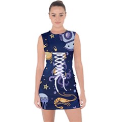 Marine Seamless Pattern Thin Line Memphis Style Lace Up Front Bodycon Dress