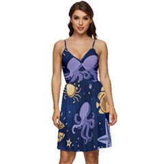 Marine Seamless Pattern Thin Line Memphis Style V-neck Pocket Summer Dress 