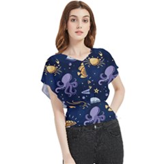 Marine Seamless Pattern Thin Line Memphis Style Butterfly Chiffon Blouse