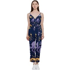 Marine Seamless Pattern Thin Line Memphis Style V-neck Spaghetti Strap Tie Front Jumpsuit