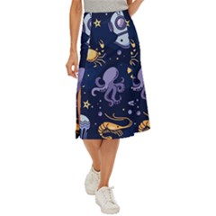 Marine Seamless Pattern Thin Line Memphis Style Midi Panel Skirt by Pakemis