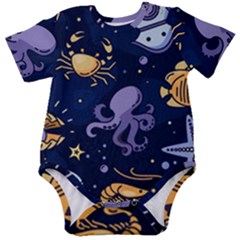 Marine Seamless Pattern Thin Line Memphis Style Baby Short Sleeve Onesie Bodysuit by Pakemis