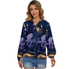 Marine Seamless Pattern Thin Line Memphis Style Women s Long Sleeve Button Down Shirt