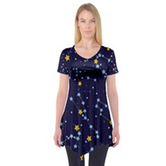 Seamless Pattern With Cartoon Zodiac Constellations Starry Sky Short Sleeve Tunic  by Pakemis