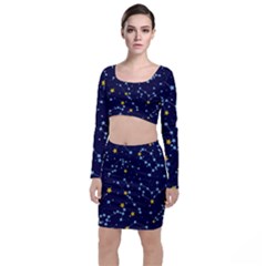 Seamless Pattern With Cartoon Zodiac Constellations Starry Sky Top And Skirt Sets by Pakemis