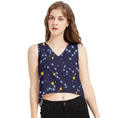 Seamless Pattern With Cartoon Zodiac Constellations Starry Sky V-neck Cropped Tank Top by Pakemis