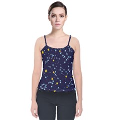 Seamless Pattern With Cartoon Zodiac Constellations Starry Sky Velvet Spaghetti Strap Top by Pakemis